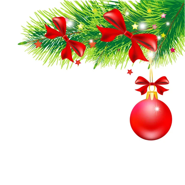 Weihnachtsbaumzweig Mit Roter Kugel Und Bögen Auf Weißem Hintergrund Vektor — Stockvektor