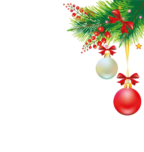 Ramo Dell Albero Natale Con Palline Colorate Isolate Sfondo Bianco — Vettoriale Stock
