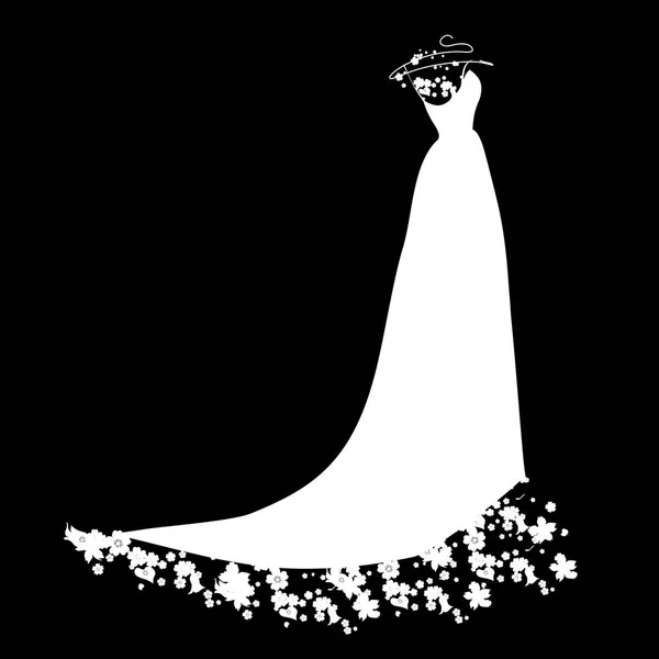 White Wedding Dress Flowers Black Background Vector Illustration — Stock Vector