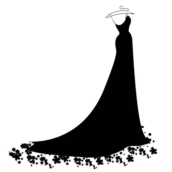 Dark Silhouette Wedding Dress Flowers Isolated White Background Vector Illustration — Stock Vector