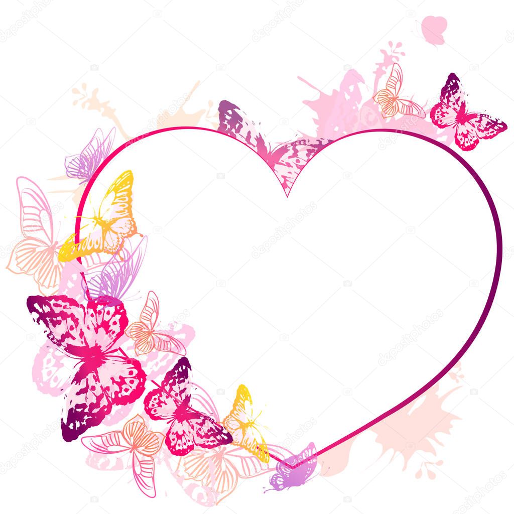 wedding card with pink heart and flying butterflies isolated on white background, vector, illustration