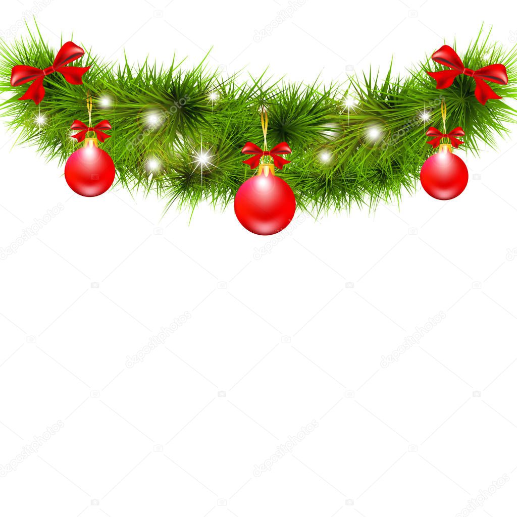 Christmas tree branch with red balls and bows isolated on white background, vector, illustration