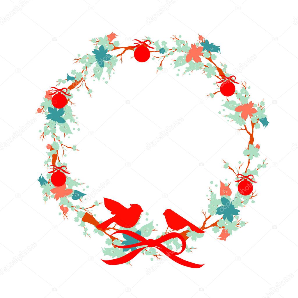 beautiful Christmas wreath with birds isolated on white background, vector, illustration