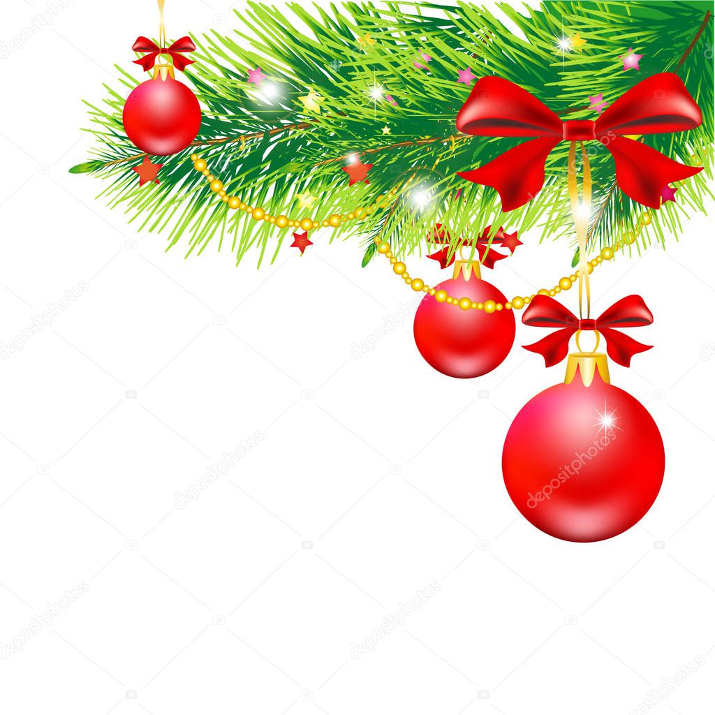 Christmas tree branch with red balls isolated on white background, vector, illustration