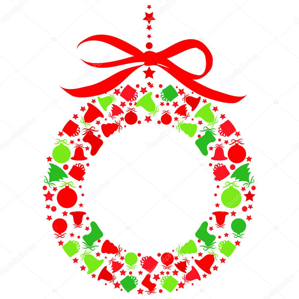 red and green Christmas wreath isolated on white background, vector, illustration