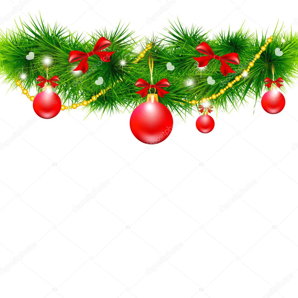 Christmas tree branch with red balls and bows isolated on white background, vector, illustration