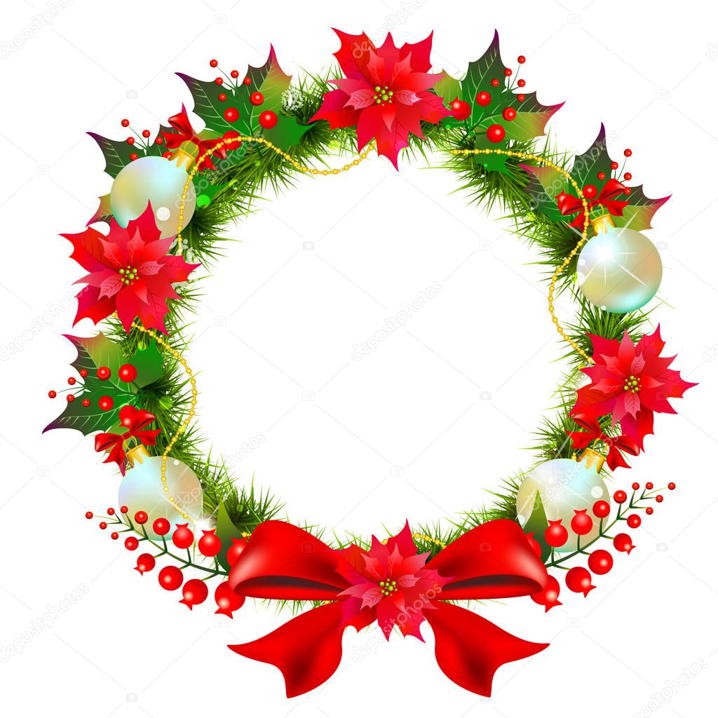 Christmas wreath with poinsettia flowers and balls isolated on white background, vector, illustration