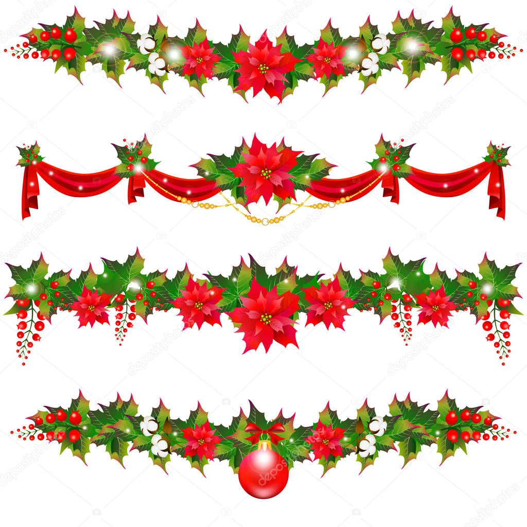 Christmas garlands with poinsettia and cotton flowers isolated on white background, vector, illustration