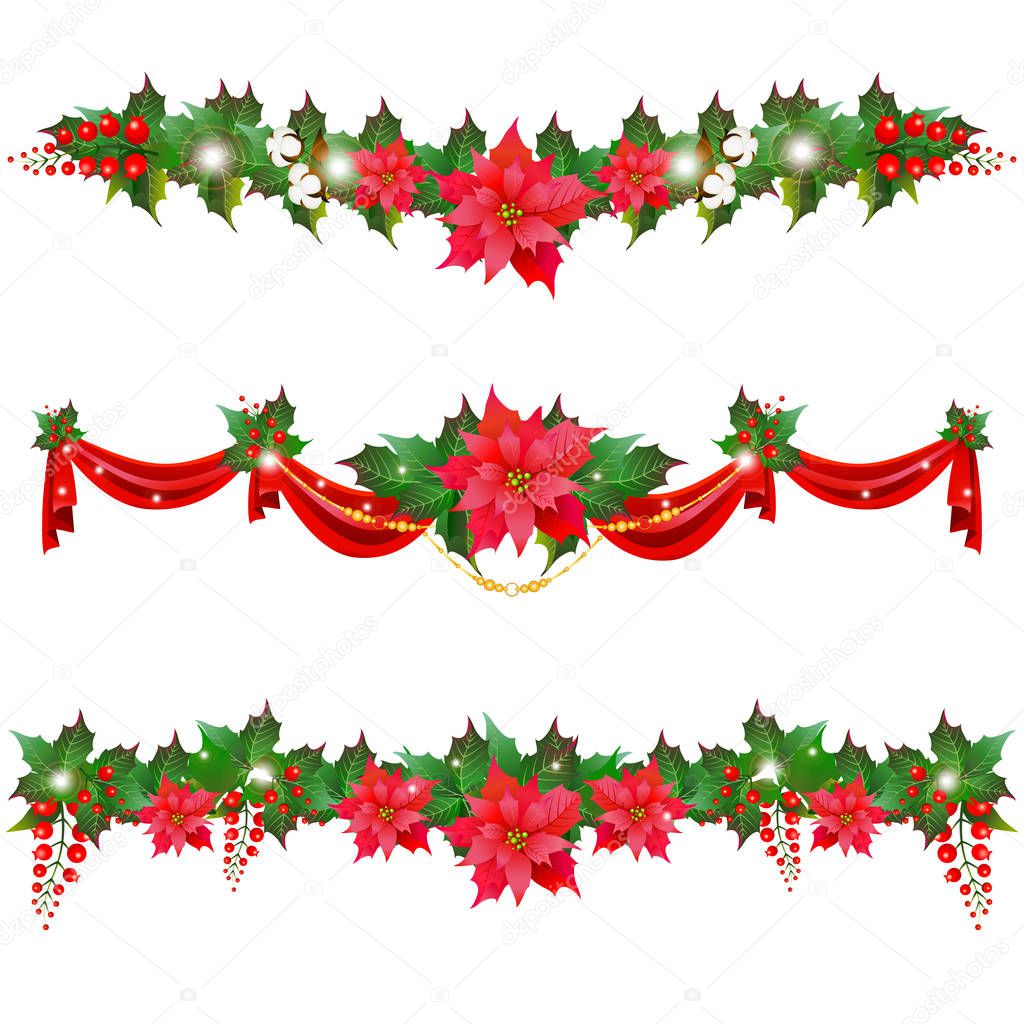 Christmas garlands with poinsettia flowers isolated on white background, vector, illustration
