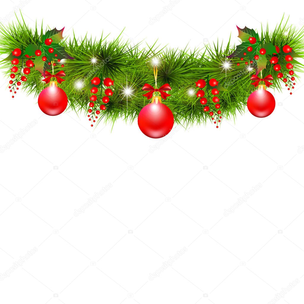 Christmas garland with red balls isolated on white background, vector, illustration
