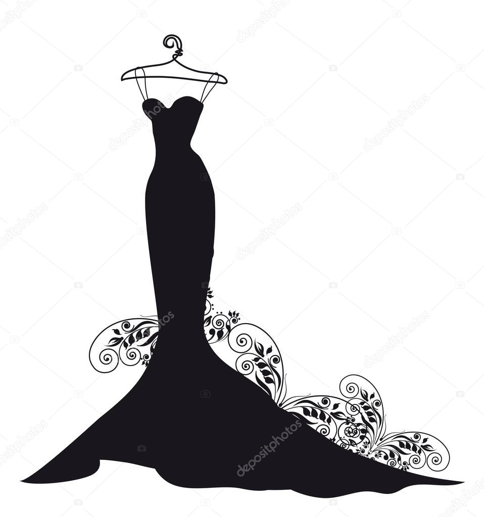 black silhouette of wedding dress with leaves isolated on white background, vector, illustration