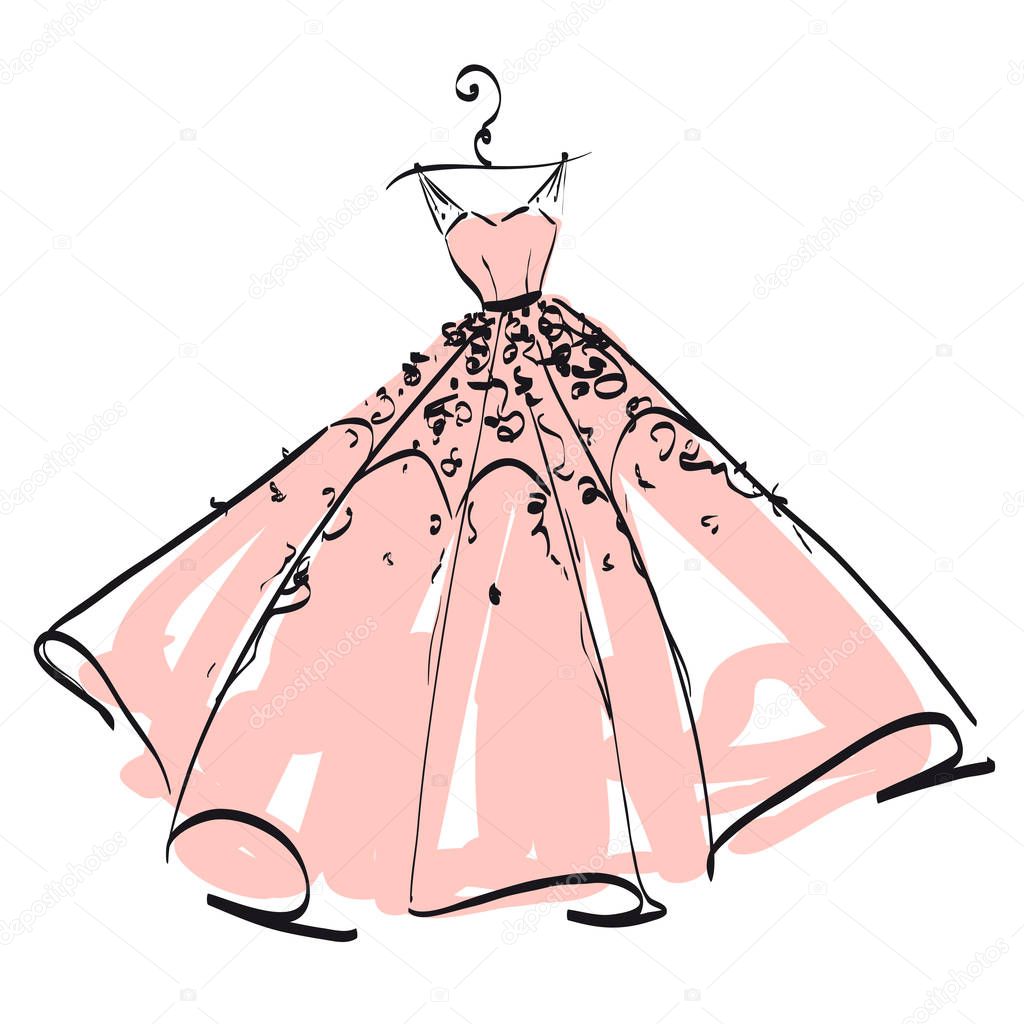 pink wedding dress isolated on white background, vector, illustration