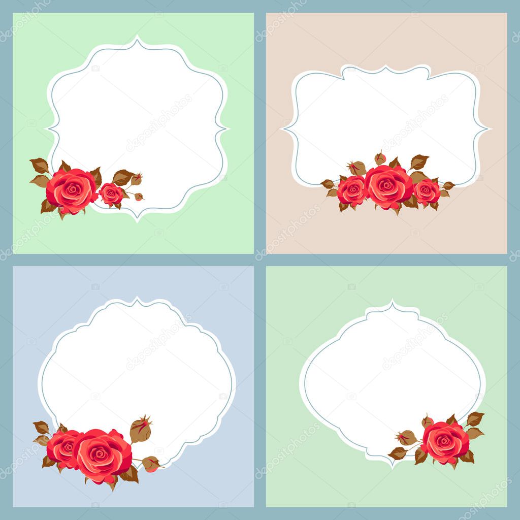 collection of greeting cards with rose flowers and empty frames, vector, illustration