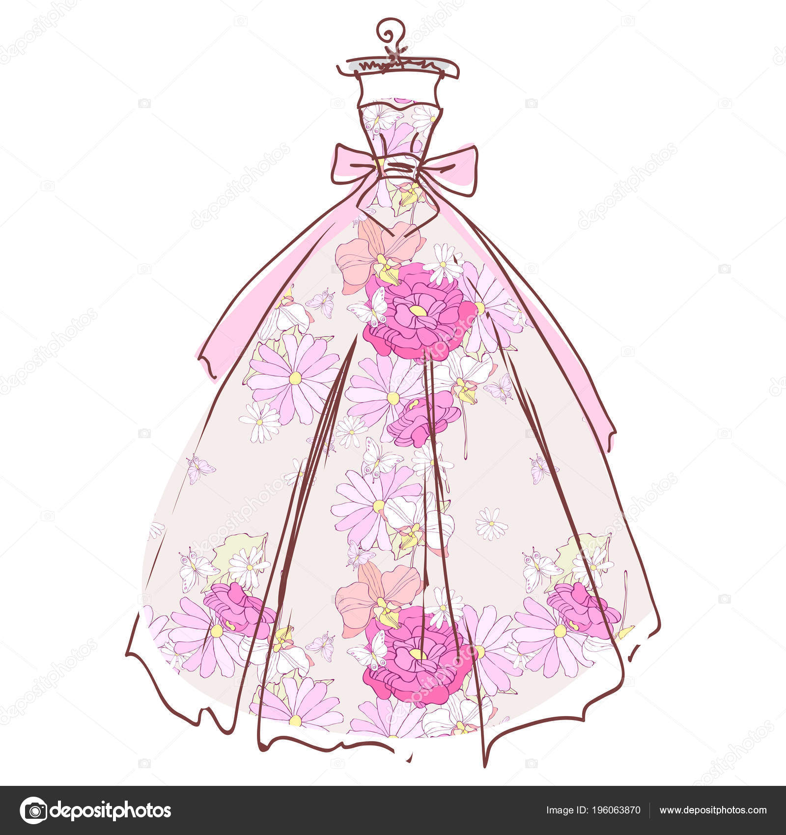 Pastel Pink Wedding Dress Flowers Isolated White Background Vector