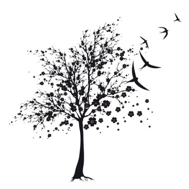 uçan kuşlar, vektör, illüstrasyon, bahar kavramı ile çiçeği ağacının siyah siluetleri 