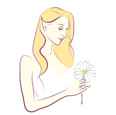 Beyaz arka plan, vektör, illüstrasyon izole çiçek tutan güzel kadın karakter karikatür