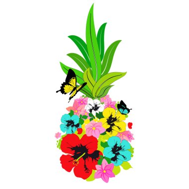 parlak tropik çiçekler ve kelebekler beyaz arka plan, vektör, illüstrasyon izole buket tebrik kartı