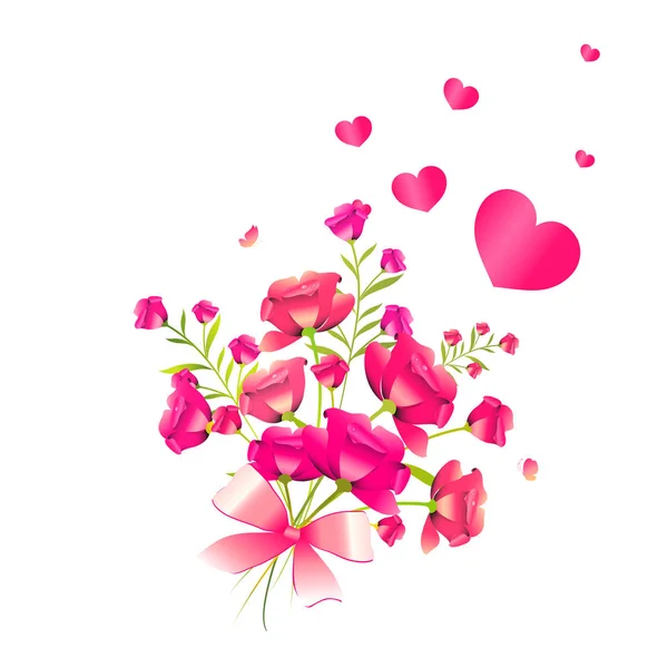 Bukett Med Vackra Rosa Ros Blommor Med Hjärtan Vektor Illustration — Stock vektor