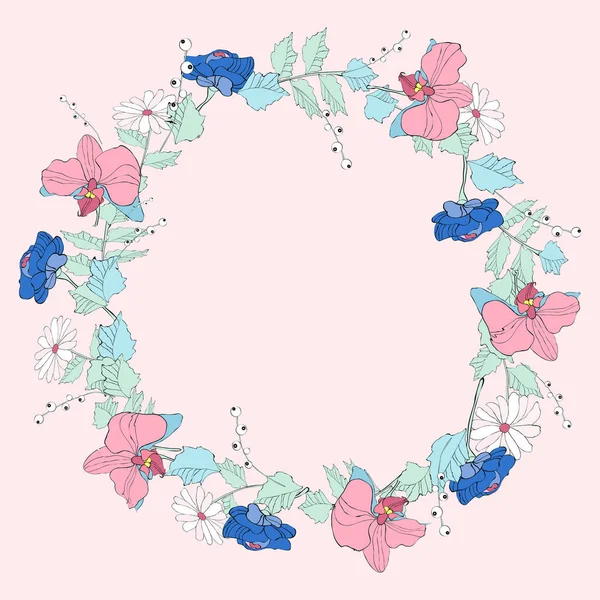 Handgezeichneter Kranz Aus Schönen Blumen Vektor Illustration — Stockvektor