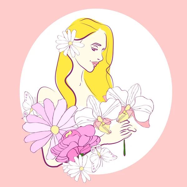 Personnage Dessin Animé Belle Femme Tenant Des Fleurs Isolées Sur — Image vectorielle