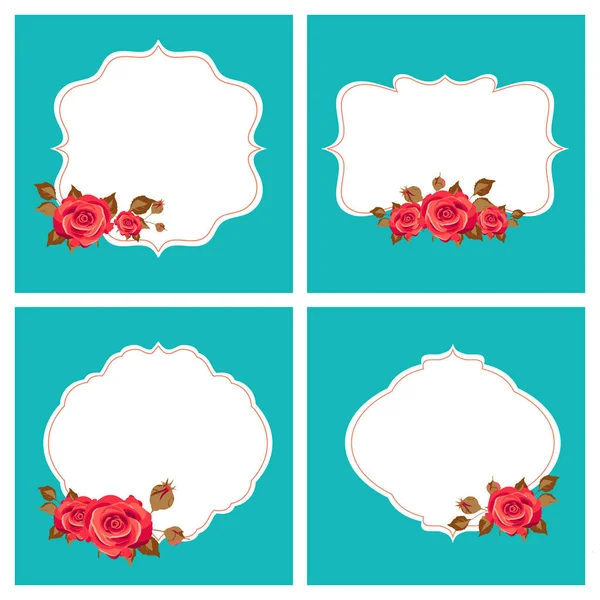 Nádherné Růžové Květy Prázdné Rámečky Modrém Pozadí Vektor Ilustrace — Stockový vektor