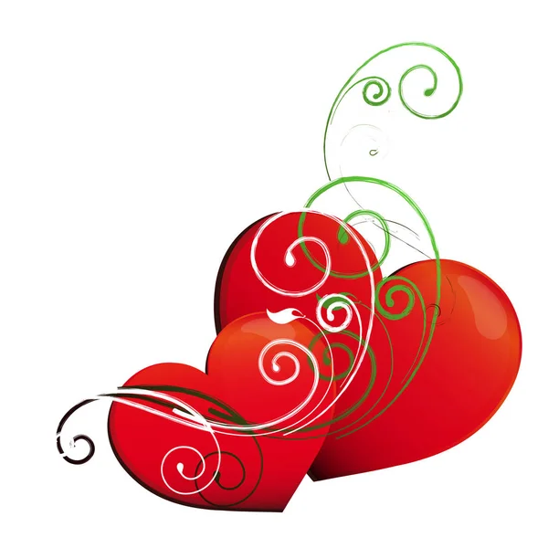 Bröllop Kortdesign Med Röda Hjärtan Och Gröna Kurvorna Isolerad Vit — Stock vektor
