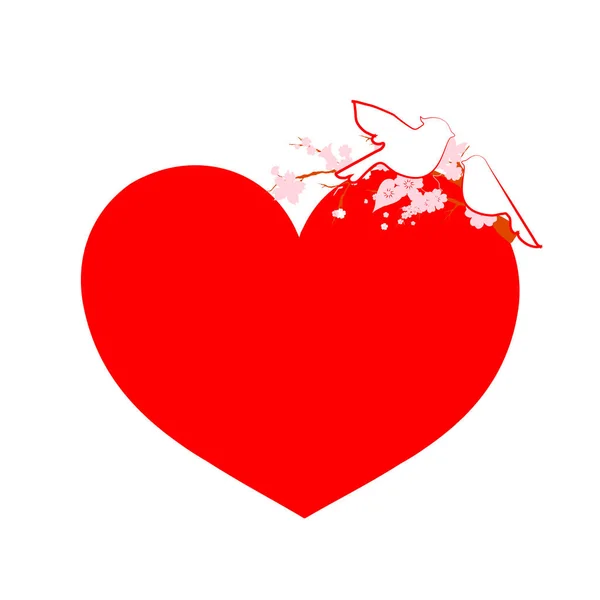 Ρομαντική Κάρτα Κόκκινη Καρδιά Και Κλάδοι Ανθισμένα Λουλούδια Και Πουλιά — Διανυσματικό Αρχείο