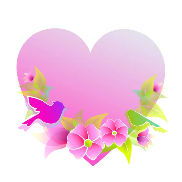 Ρομαντική Κάρτα Ροζ Καρδιά Και Ανθίζουν Λουλούδια Πουλί Που Απομονώνονται — Διανυσματικό Αρχείο