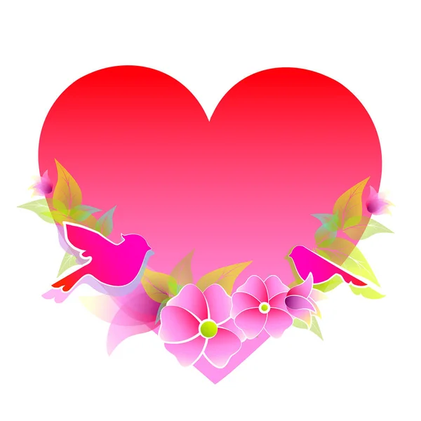 Carte Romantique Avec Coeur Rouge Fleurs Fleuries Avec Des Oiseaux — Image vectorielle