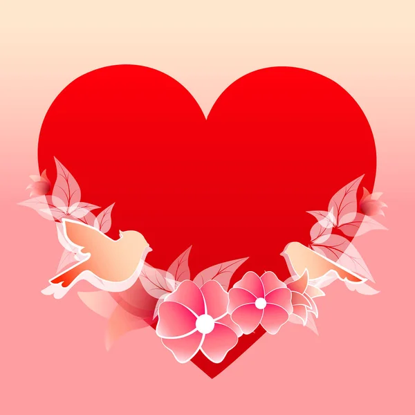 Kuşlar Vektör Illüstrasyon Kırmızı Kalp Çiçek Çiçekli Romantik Kartı — Stok Vektör