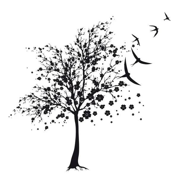 Silhouettes Noires Fleur Arbre Avec Des Oiseaux Volants Vecteur Illustration — Image vectorielle