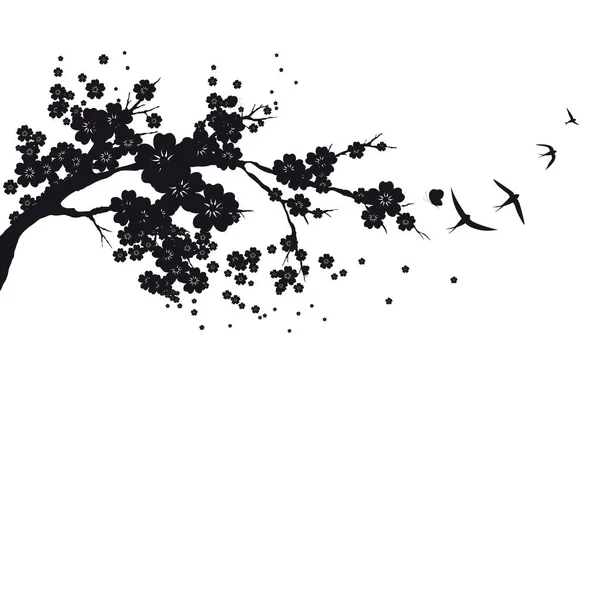 Siluetas Negras Árbol Flores Con Aves Voladoras Vector Ilustración Concepto — Archivo Imágenes Vectoriales