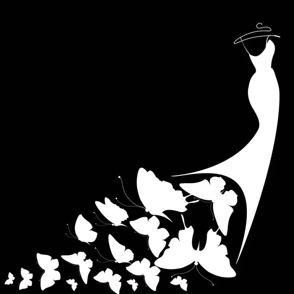 Blanco Vestido Novia Con Mariposas Sobre Fondo Negro Vector Ilustración — Vector de stock