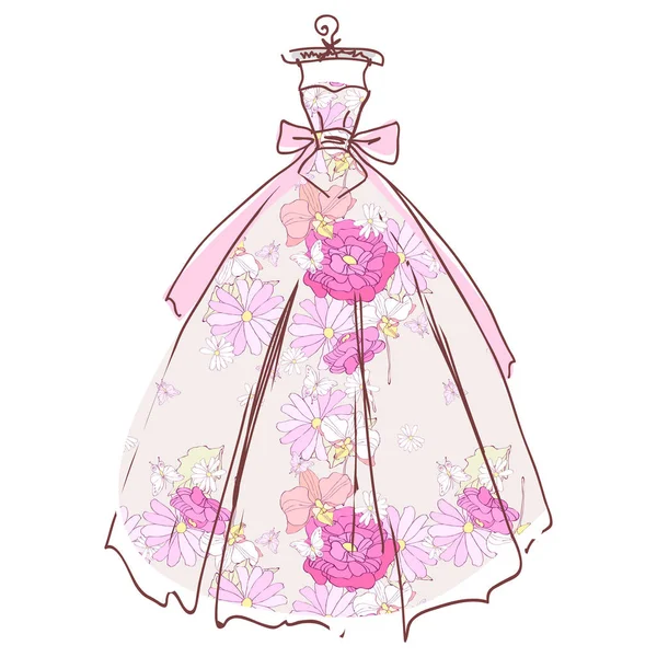 Pastellrosa Hochzeitskleid Mit Blumen Auf Weißem Hintergrund Vektor Illustration — Stockvektor