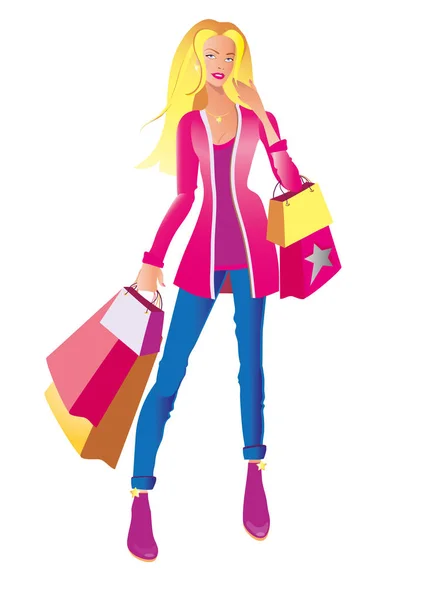 Personaje Dibujos Animados Mujer Hermosa Con Bolsas Compras Vector Ilustración — Vector de stock