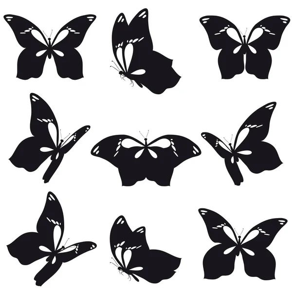 Filas Mariposas Negras Aisladas Sobre Fondo Blanco Vector Ilustración — Vector de stock