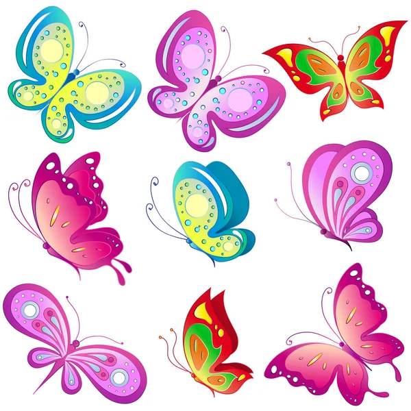 Rangées Papillons Lumineux Isolés Sur Fond Blanc Vecteur Illustration — Image vectorielle