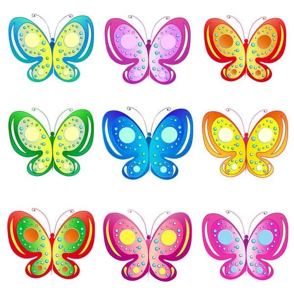 Rows Bright Butterflies Isolated White Background Vector Illustration — Stock Vector