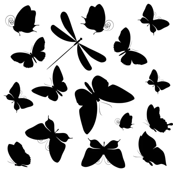 Siluetas Hermosas Mariposas Aisladas Sobre Fondo Blanco Vector Ilustración — Archivo Imágenes Vectoriales