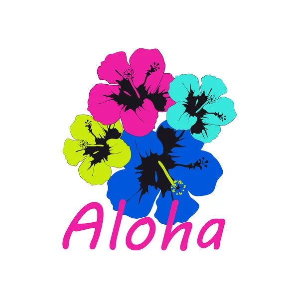 Flores Hawaianas Exóticas Texto Aloha Aislado Sobre Fondo Blanco Vector — Vector de stock