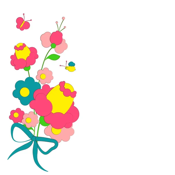 Strauß Schöner Rosa Blumen Mit Schmetterling Und Biene Vektor Illustration — Stockvektor