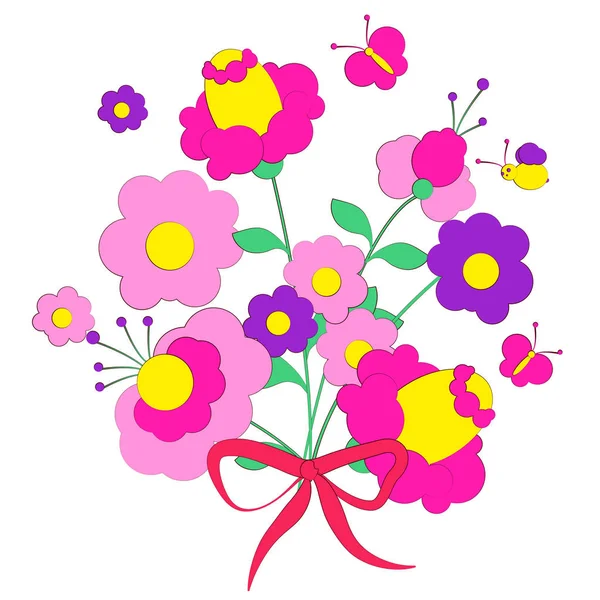Bouquet Beautiful Pink Flowers Butterflies Bee Vector Illustration — Stock Vector