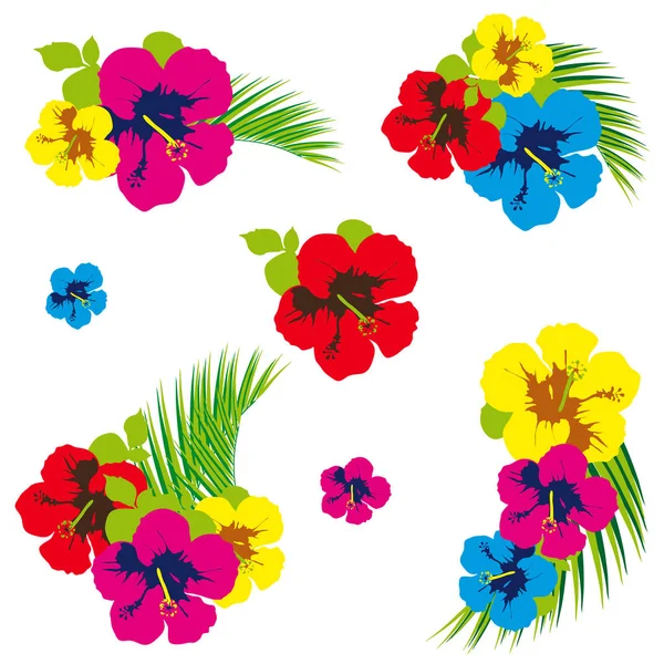 Conjunto Flores Tropicales Brillantes Con Hojas Verdes Aisladas Sobre Fondo — Vector de stock