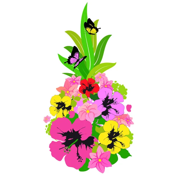 Biglietto Auguri Con Bouquet Fiori Tropicali Luminosi Farfalle Isolate Sfondo — Vettoriale Stock