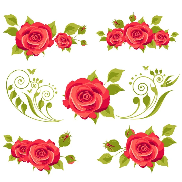 Vintage Red Roses Swirls Isolated White Background Vector Illustration — Stock Vector