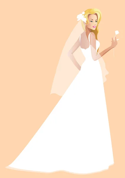 Beautiful Bride White Wedding Dress Holding Flower Vector Illustration — Stock Vector