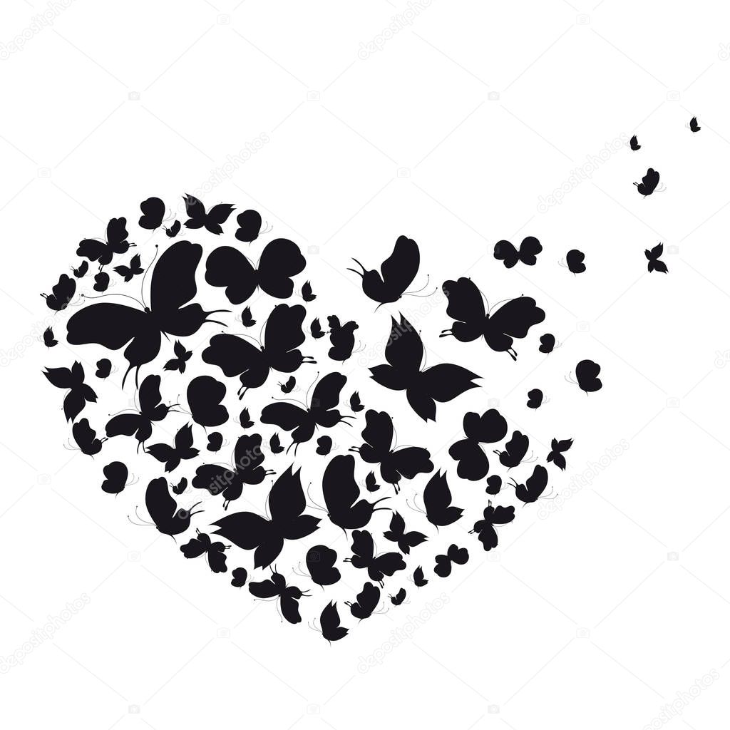 greeting valentine card with black butterflies in shape of heart, vector, illustration 