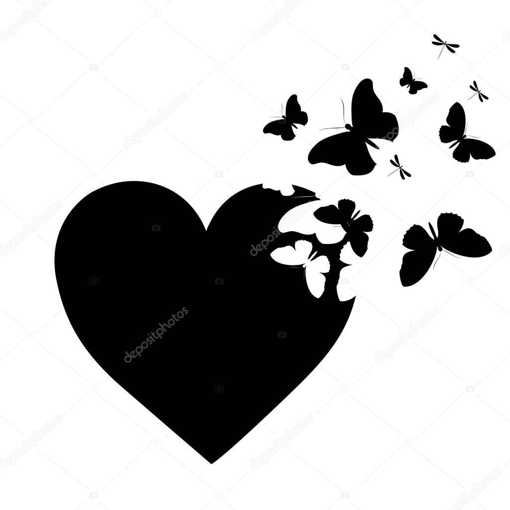 wedding card with black heart and flying butterflies isolated on white background, vector, illustration