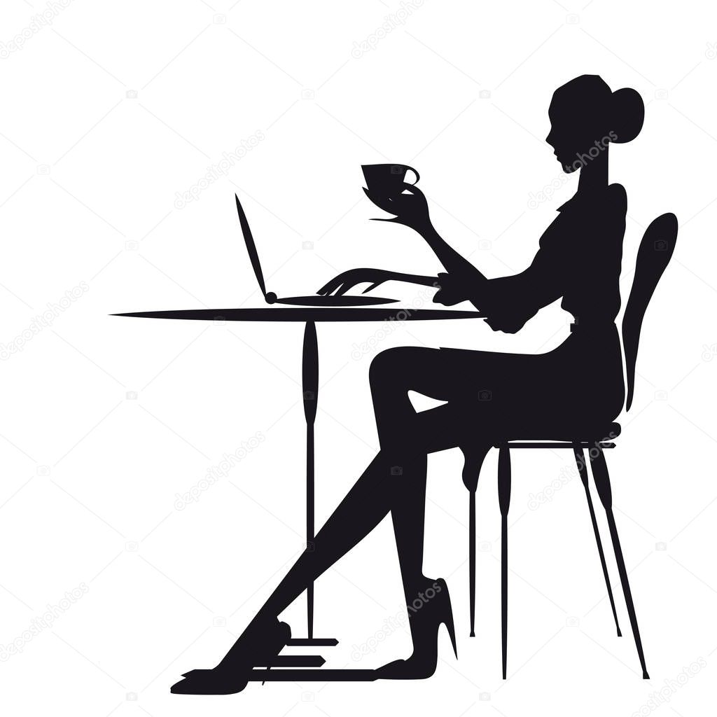 silhouette of woman sitting at table and working on laptop, vector, illustration