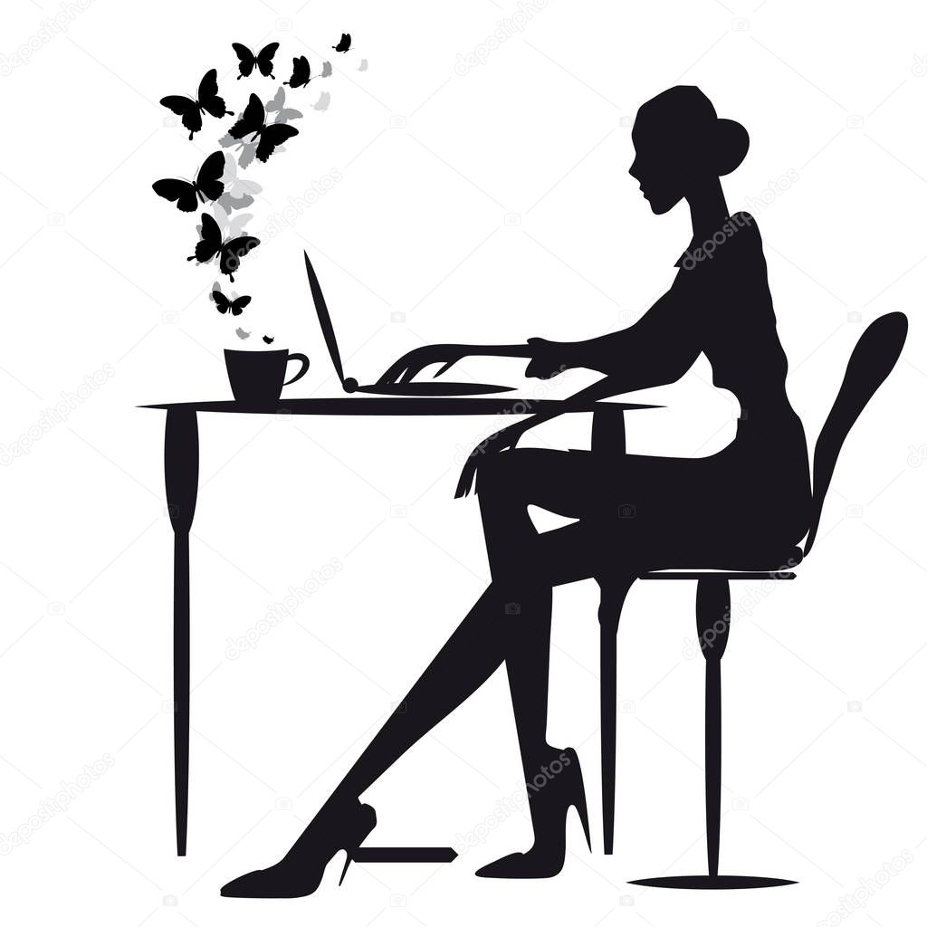 silhouette of woman sitting at table and working on laptop, vector, illustration